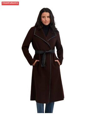 Wool Blend Longline Wrap Coat with PU Leather Belt & Binding